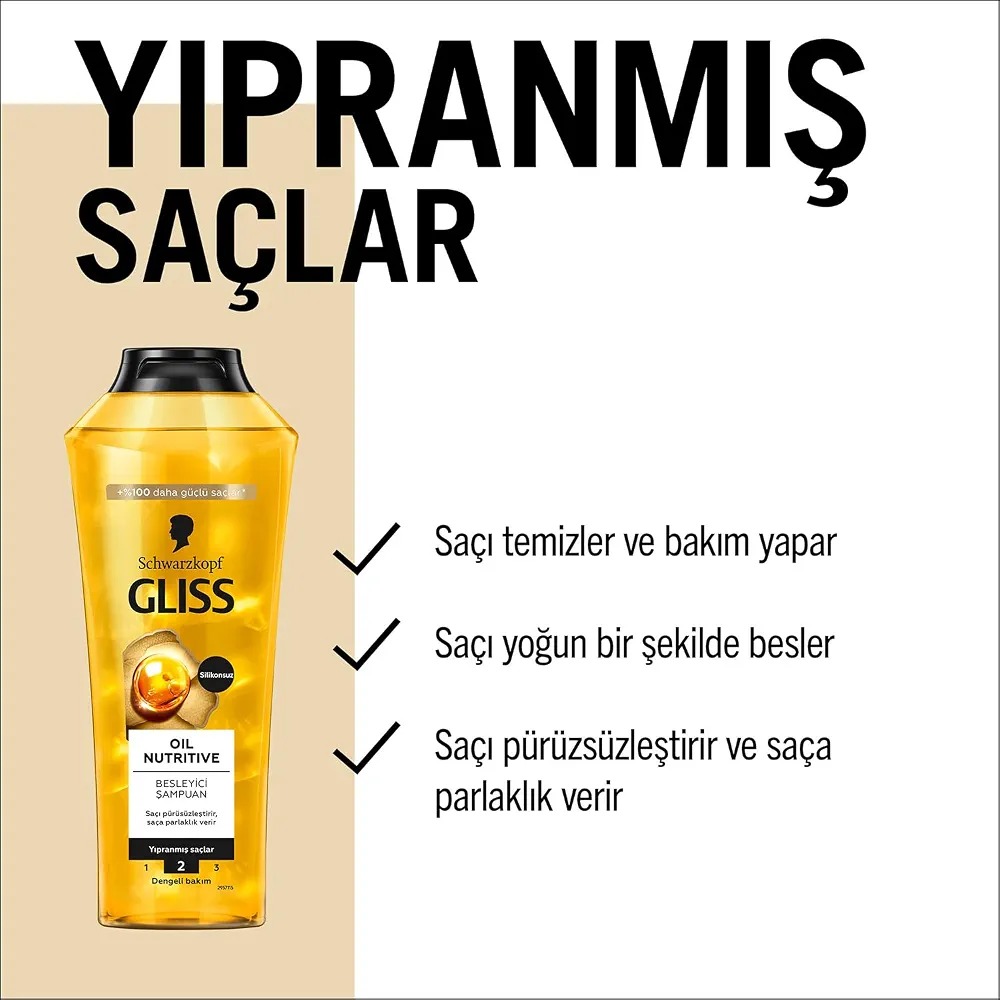 شامپو مغذی و نرم‌کننده گلیس مدل schwarzkopf GLISS OIL NUTRITIVE 500ml حاوی امگا 9 و روغن مارولا