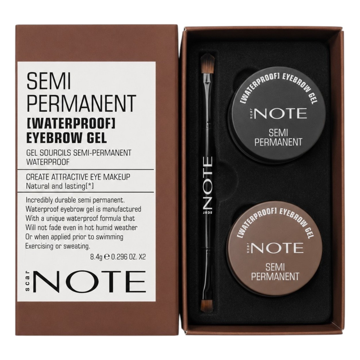 ژل و سایه ابرو ضدآب نیمه دائمی نوت مدل SEMI PERMANENT WATERPROOF EYEBROW GEL (پک چهارعددی: ژل و سایه مشکی + ژل و سایه قهوه‌ای)