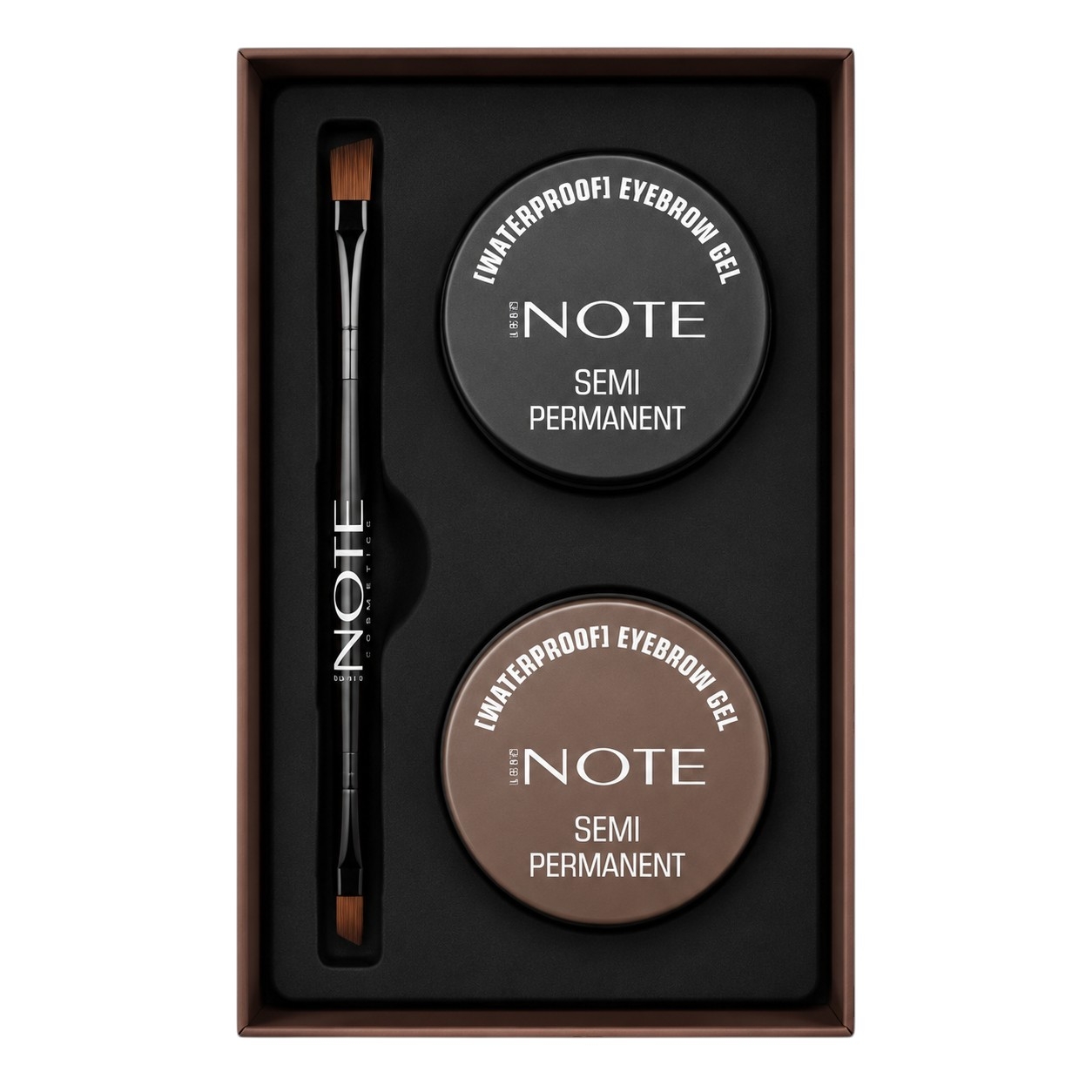 ژل و سایه ابرو ضدآب نیمه دائمی نوت مدل SEMI PERMANENT WATERPROOF EYEBROW GEL (پک چهارعددی: ژل و سایه مشکی + ژل و سایه قهوه‌ای)
