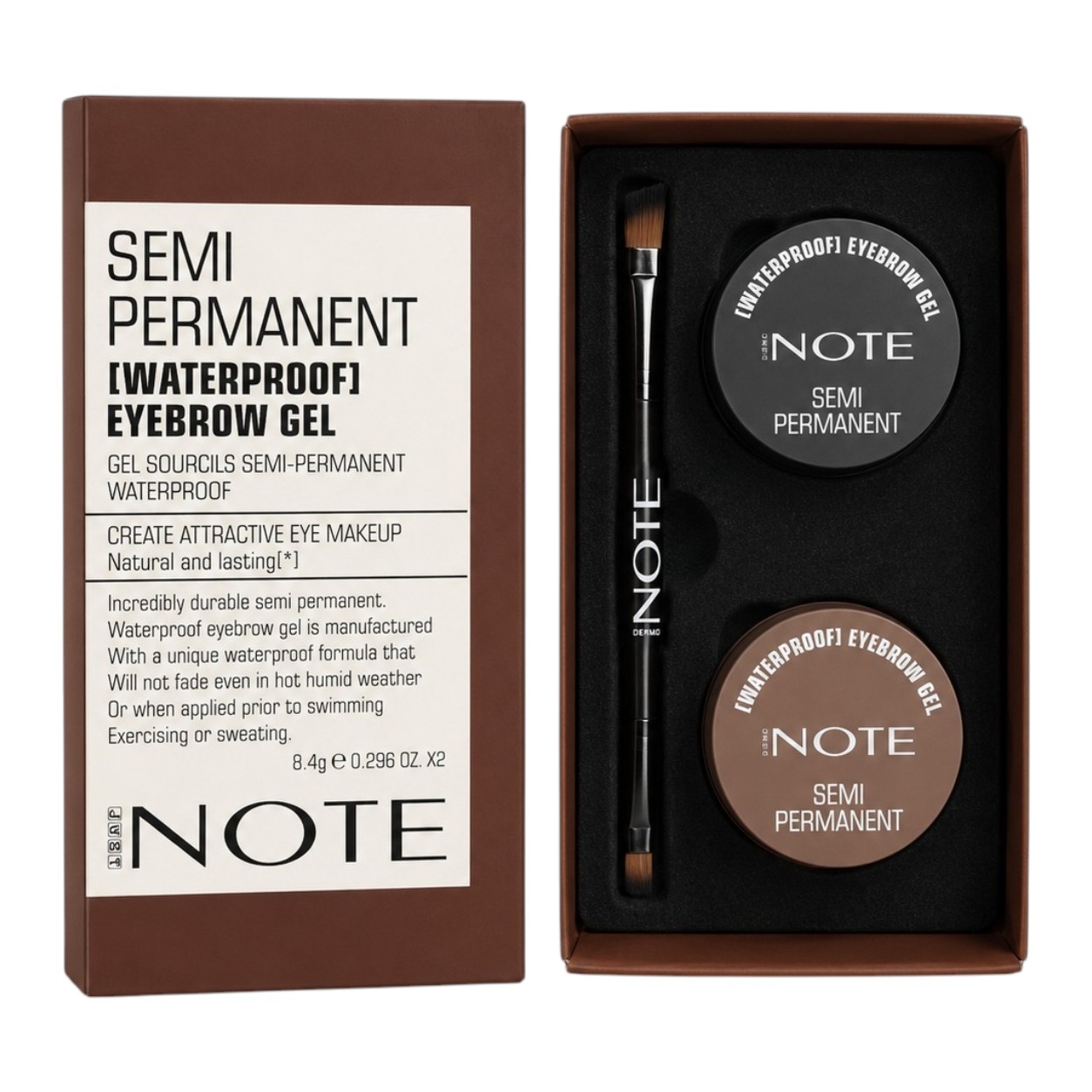 ژل و سایه ابرو ضدآب نیمه دائمی نوت مدل SEMI PERMANENT WATERPROOF EYEBROW GEL (پک چهارعددی: ژل و سایه مشکی + ژل و سایه قهوه‌ای)
