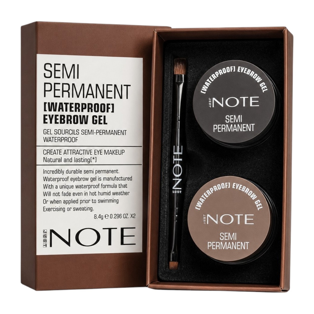 ژل و سایه ابرو ضدآب نیمه دائمی نوت مدل SEMI PERMANENT WATERPROOF EYEBROW GEL (پک چهارعددی: ژل و سایه مشکی + ژل و سایه قهوه‌ای)